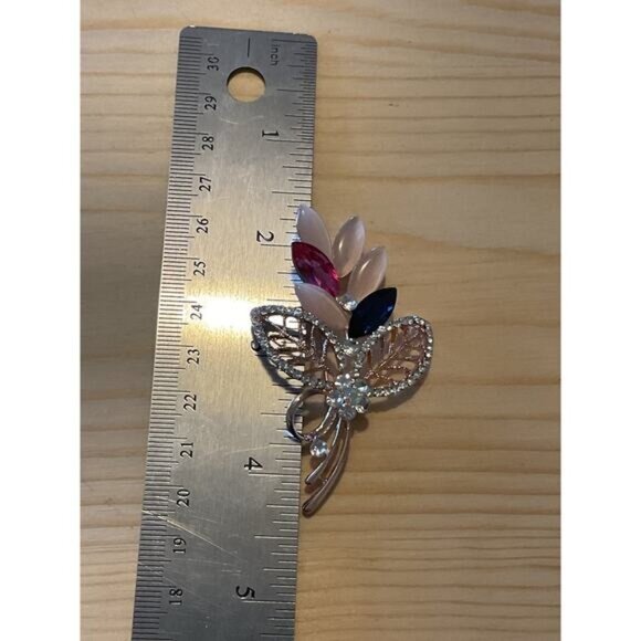 Crystal Rhinestone Floral Brooch Pin With Pink & Blue Gemstones - Picture 2 of 3
